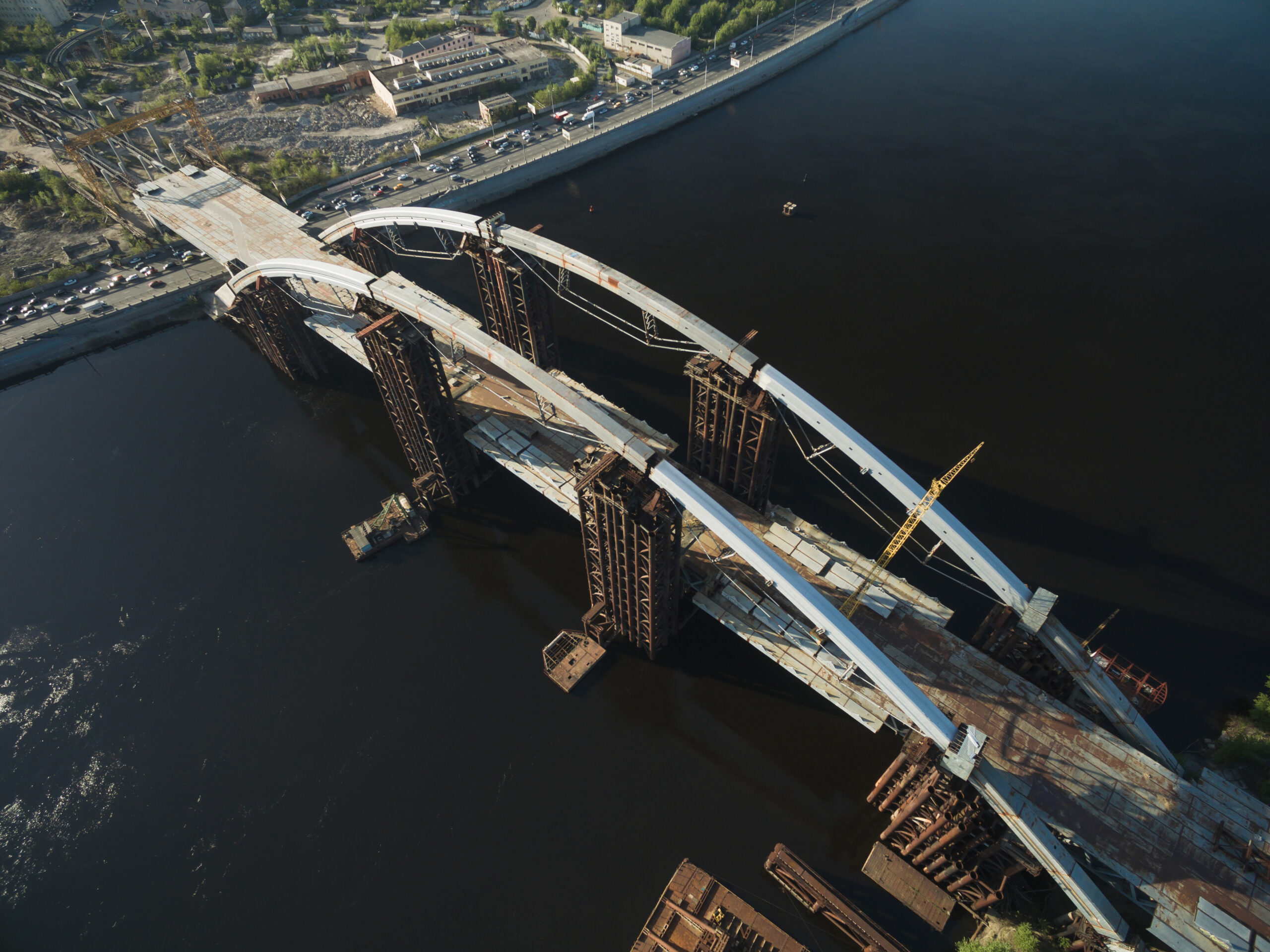 aerial view of construction site of unfinished bridge, Kyiv, Ukraine